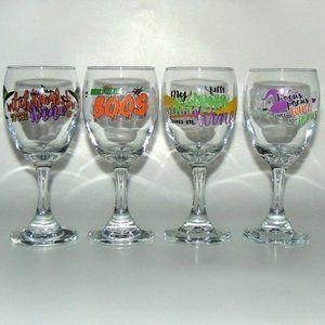 Halloween Witches Themed Wine Glasses Set of 4 Stem Glasses